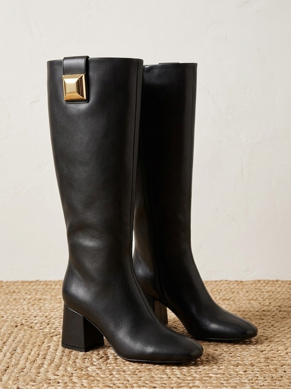 Katy Perry Collections Black Knee-High Block Heel Boots with Gold Accent